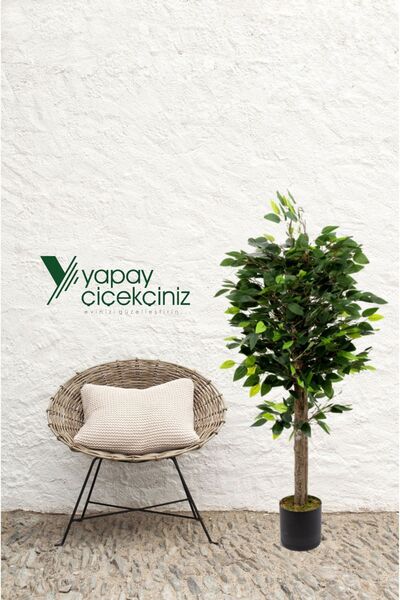 YAPAY ÇİÇEKÇİNİZ Gri Saksıda Çim Detaylı Yoğun Yapraklı 100 Cm Yapay Benjamin Ağacı