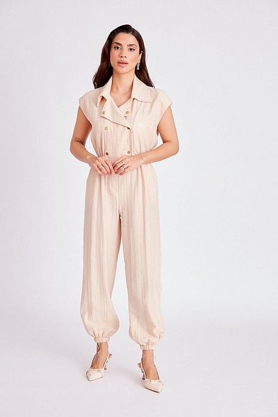 Lady Pixie Low Sleeve Gold Buttoned Padded Jogger Jumpsuit