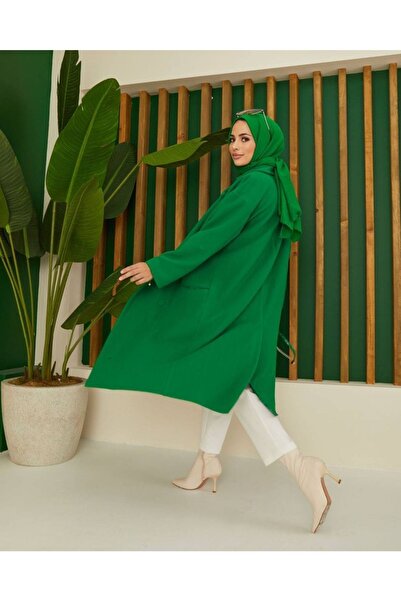 Trend Marfa Buttoned Front Belted Hijab Stamp Coat