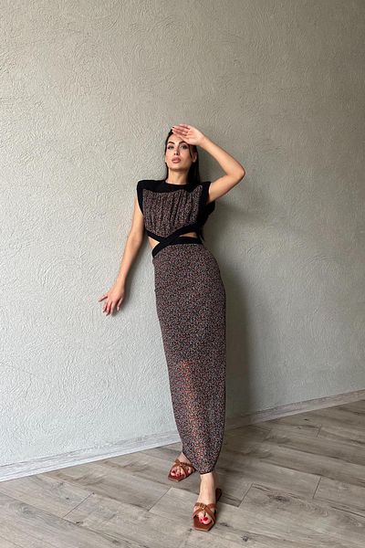 Seda Yalçın Atelier Pink Flower Patterned Black Padded Dress - Window Detailed