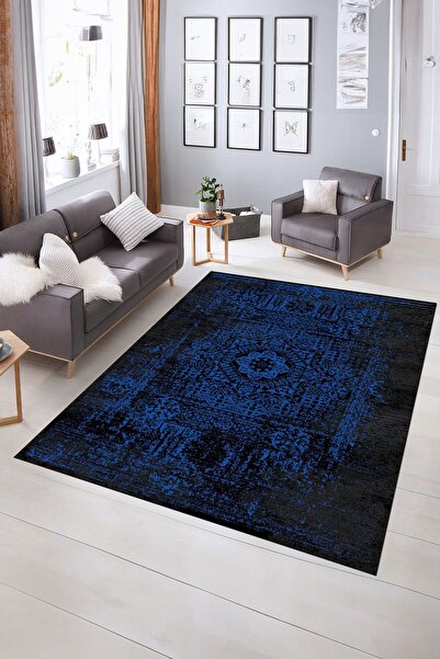 Kilimteks Dijital Baskılı Kaymaz Taban Yıkanabilir Klasik Yolluk Mutfak Salon Halısı, N-KLASİK-12-MAVİ,