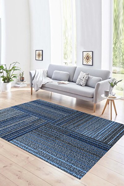 Napoli Home Dijital Baskılı Kaymaz Yıkanabilir Modern Desen Yolluk Mutfak Salon Halısı, N-MODERN-34-MAVİ,