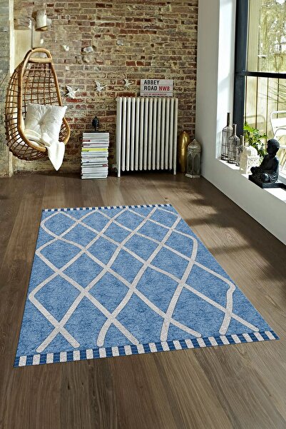 Kilimteks Dijital Baskılı Kaymaz Taban Yıkanabilir Sade Yolluk Mutfak Salon Halısı, N-SADE-24-mavi,