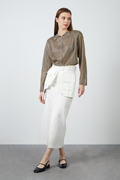 GİZİA Cep Ve Ön Yırtmaç Detaylı Ekru Etek