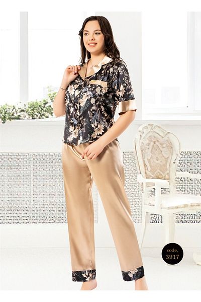 Miss Dünya Lissa Set pijama din satin cu guler de cămașă cu model - mânecă scurtă, cu nasturi în față