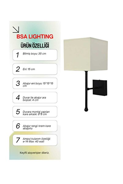 BSA LIGHTING ESTE TEKLİ SİYAH MODERN APLİK (KREM KARE ABAJURLU)