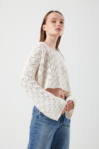 Mixray 6851 Μοντέλο Γυναικείο Oversize Crop πουλόβερ - Bone Openwork, Εποχιακό