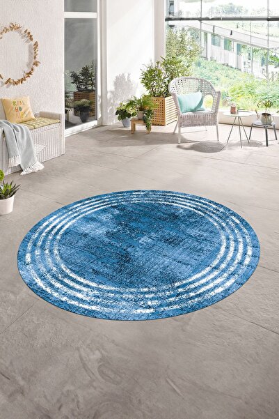 Kilimteks Dijital Kaymaz Yıkanabilir Çerçeveli Desen Yuvarlak Mutfak Salon Halısı, N-Y-ÇERÇEVELİ-32-mavi,