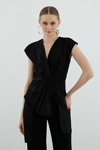 GİZİA Önden Pileli Astarsız Kısa Siyah Bluz