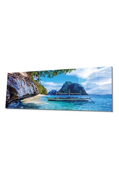 Relaxing Sea and Boat Panoramic Glass Table, Modern Stylish Home Office Wall Decor, Gift Tempered
