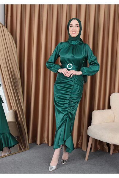 modasusev Satin Evening Dress - Fish Gathered Design