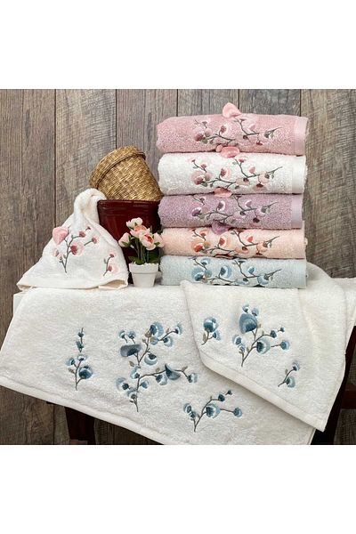 Altınbaşak 6 Pieces 50x90cm 3D Embroidered Dowry Bamboo Dress and Towel Set - Face Luxury (40% BAMBOO LIFE)