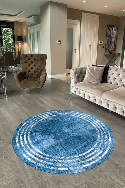 Kilimteks Dijital Kaymaz Yıkanabilir Çerçeveli Desen Yuvarlak Mutfak Salon Halısı, N-Y-ÇERÇEVELİ-32-mavi,