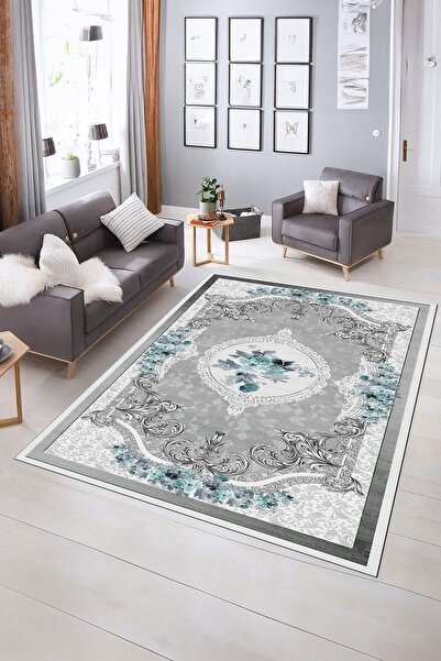 Kilimteks Dijital Baskılı Kaymaz Taban Yıkanabilir Klasik Yolluk Mutfak Salon Halısı, N-KLASİK-16-MAVİ,