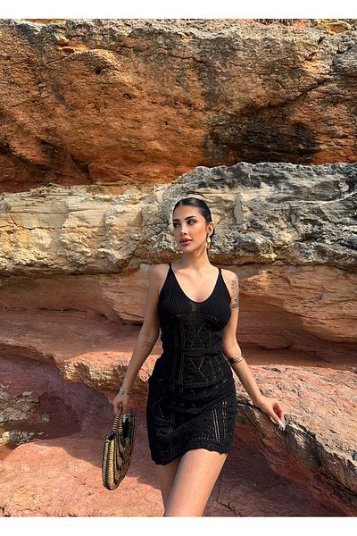kenza'a Rochie mini tricotaj ajurata - dama, decolteu in V, detaliu cusatura la spate