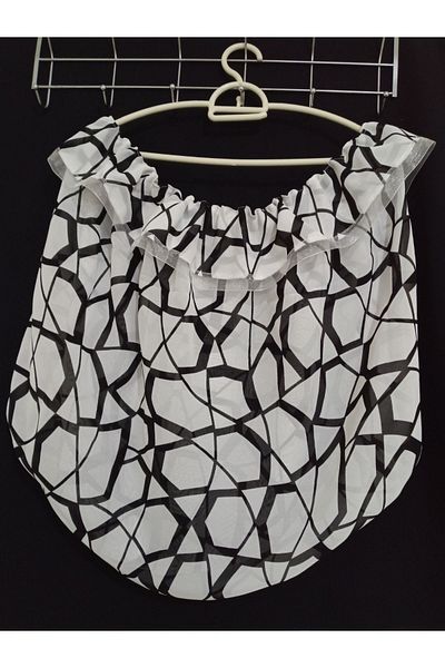 KobalBusiness 145 cm Wide - Cage Tulle, Black and White Patterned White Organza Ribbon Detailed Tulle