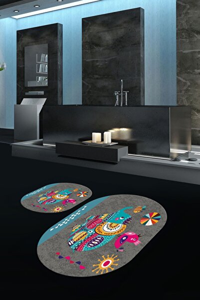 Kilimteks طقم مرحاض بيضاوي مطبوع رقميًا غير قابل للانزلاق وقابل للغسل على شكل...