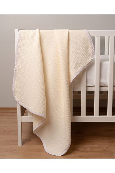 BABYNENA ECRU Muslin Blanket - 4 Layers, 100% Cotton, Lilac Piping, 80x100 cm