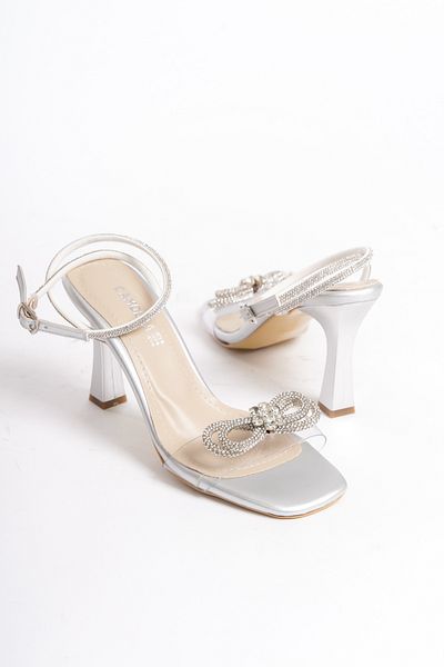 Moda Değirmeni Pantofi cu toc pentru femei Stoned Bow Silver - Curea la gleznă, transparent BG1181-121-0006