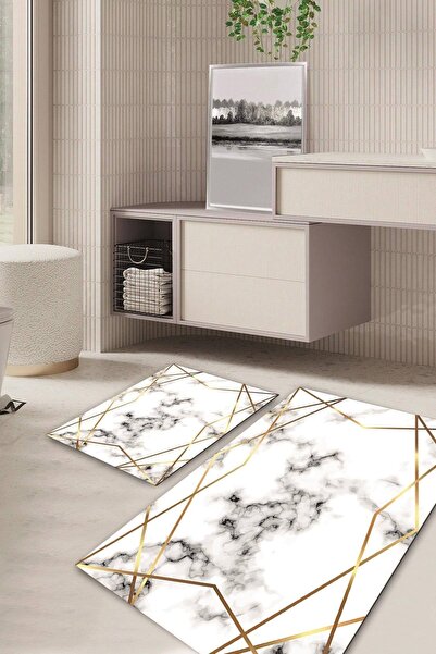 Kilimteks Marble Patterned Non-Slip Base Washable Set of 2 Bathroom Carpet Ma...