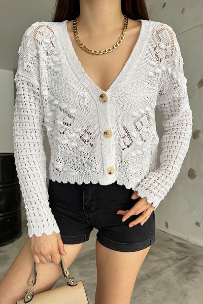 MODAMERSİ Women's White Pompom Detailed Knitwear Cardigan