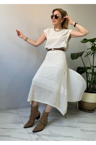 jöns since 1997 Fusta de damă, cu croiala asimetrică, ajurata, de culoare uni