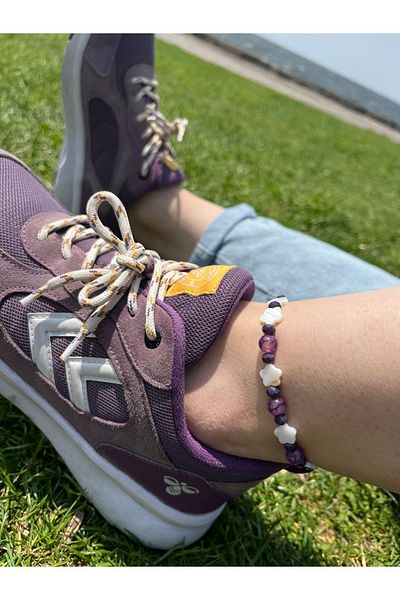 Balzamin Design Natural Stone Purple Agate Stone and Star Cut Mother of Pearl Handmade Macrame Knitted Anklet