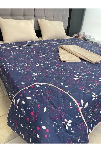 Sudemhome Çift Kişilik Lastikli Çarşaflı Kapitoneli Yatak Örtüsü Takımı Lacivert Çiçek Desenli