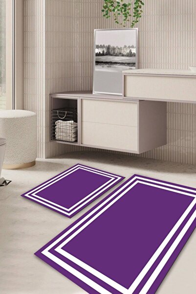 Kilimteks Çerçeveli Kaymaz Taban Yıkanabilir 2'li Set Banyo Halısı Paspas Klo...