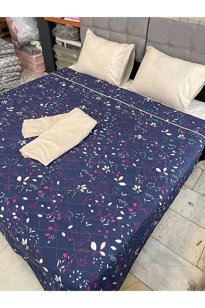 Sudemhome Navy Blue Floral Patterned Double Quilted Bedspread Set