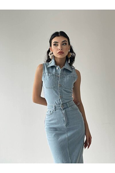 ETİKAFASHION Dar Kalıp Sıfır Kol Düğmeli Denim Elbise Gtip 620442000012 Menşei Türkiye