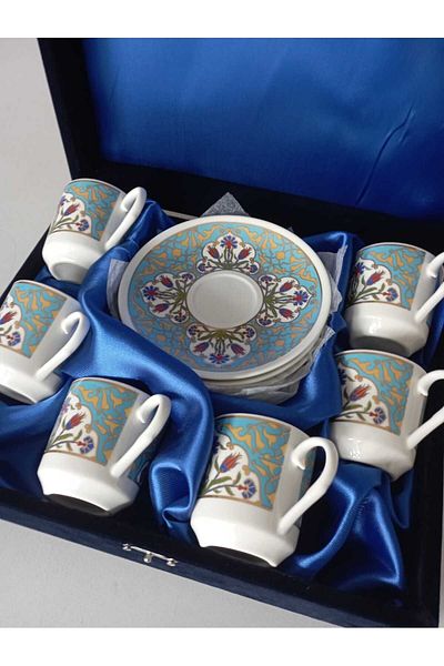 Nihal Süeda Turquoise Model Velvet Porcelain Cup Set - Gilded Set of Six