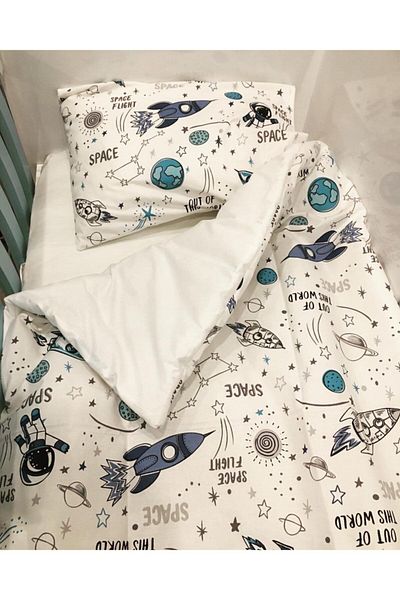 Bebek Özel Space Patterned White Baby Pillow Sheet Quilt Set 70x130 cm