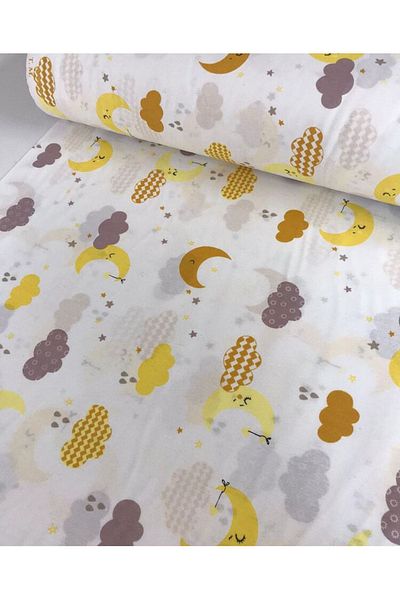 Bebek Özel One Meter Cotton Fabric White Floor Moon Cloud Pattern 240 cm Width (100X240 cm)