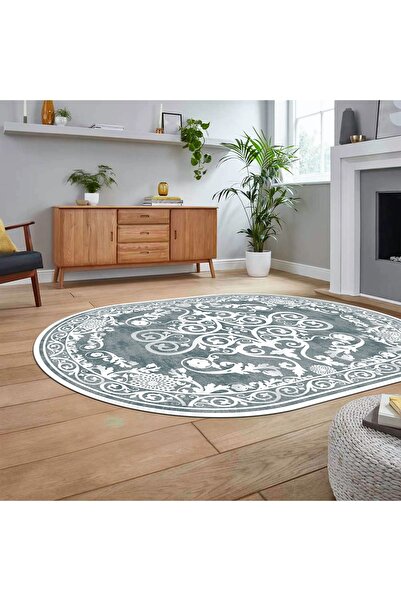 Viyana Home Dijital Kaymaz Taban Yıkanabilir Oval Klasik Desen Yolluk Salon Halısı, V-O-KLASİK-09-MAVİ,