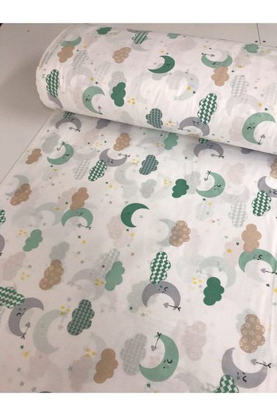 Bebek Özel Cotton Children's Fitted Sheet 90x190 White Green Moon Cloud
