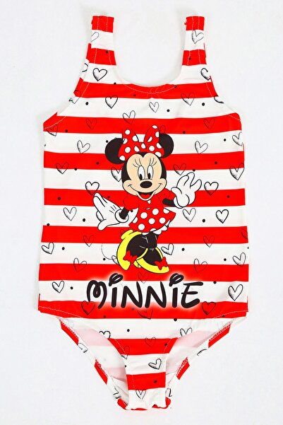 FırsatYeri Kız Çocuk Mayo Minnie Mouse Kırmızı Çizgili Desenli Rahat Hızlı Ku...