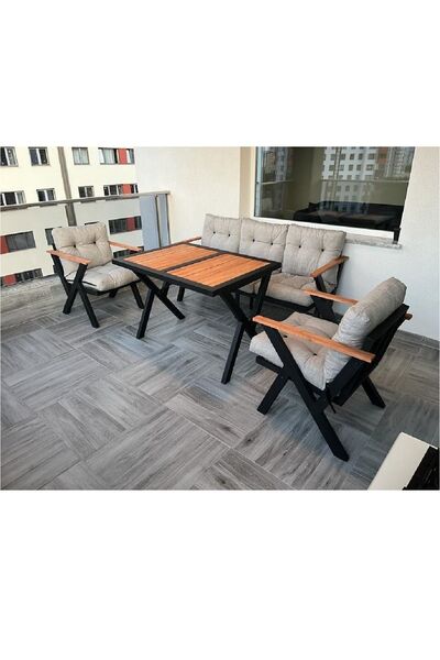 ELEN HOME Masalı 3+1+1 Bahçe Takımı Dış Ve Iç Mekan Metal Çay Seti Süngerli B...