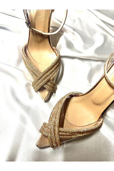 TrendyAnka Lady Princess Nude Rose - Transparentní večerní boty se špičatou špičkou na podpatku, 8 cm Cross Stone Detailed