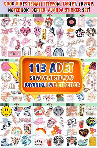 KT Decor مجموعة ملصقات الهاتف والجدول الزمني المكونة من 113 قطعة من Good Vibes - الكمبيوتر اللوحي والكمبيوتر المحمول والكمبيوتر المحمول والكمبيوتر المحمول