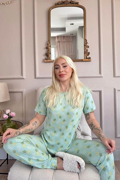 Pijamaevi Green Pineapple Patterned Chain Short Sleeve Women's Pajamas Set