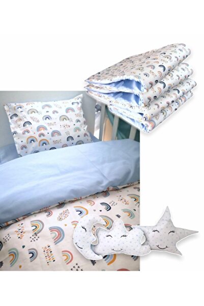 Bebek Özel طقم نوم أطفال مونتيسوري قطني 90×190 باللون الأزرق قوس قزح (10 قطع) (مع لحاف)