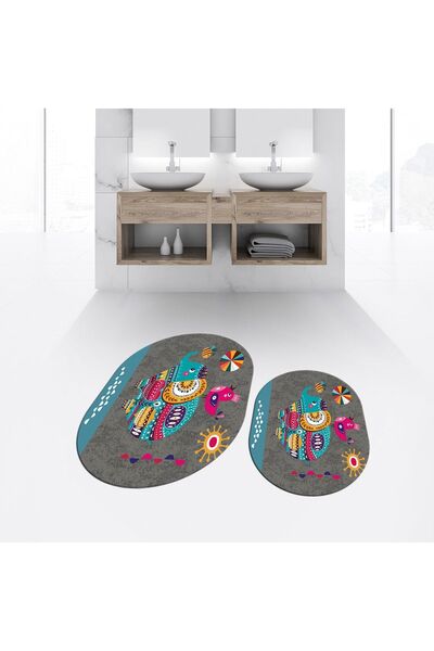 Hey Home Digital Printed Non-Slip Base Washable Oval Double Bathroom Mat Toil...