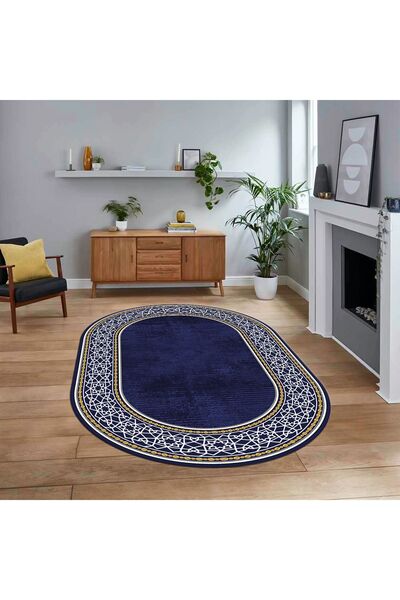 Dijital Kaymaz Taban Yıkanabilir Oval Çerçeveli Mutfak Salon Halısı, V-O-ÇERÇEVELİ-35-LACİVERT,