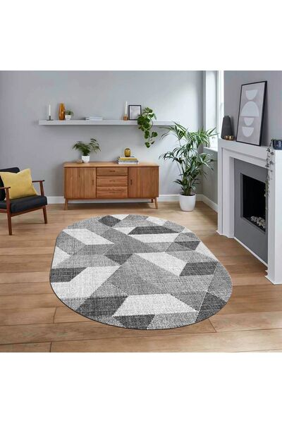 Dijital Baskılı Kaymaz Taban Yıkanabilir Oval Modern Yolluk Salon Halısı, V-O-MODERN-96-GRİ,