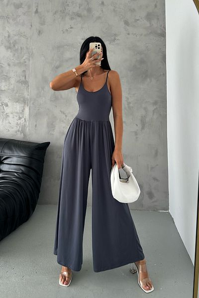 MOZENA Sandy Fabric Smoked Jumpsuit - Adjustable Strap