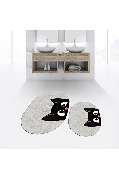 Hey Home Digital Printed Non-Slip Base Washable Oval Double Bathroom Mat Toil...