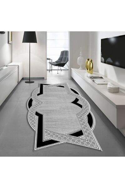 Dijital Baskılı Kaymaz Taban Yıkanabilir Lazer Kesim Salon Halısı Yolluk, V-LAZER-30-GRİ,