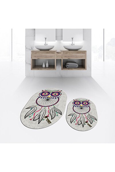 Hey Home Digital Printed Non-Slip Base Washable Oval Double Bathroom Mat Toil...