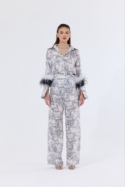 Bohai Design Feather Sleeves Special Design Otriş Shirt and Trousers Set